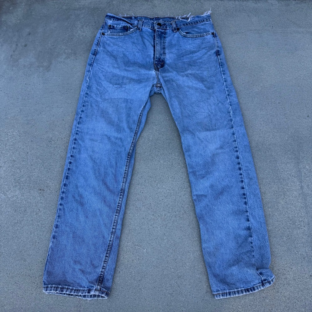 Levi's 505 Straight Leg Jeans Mens‎ 36x30 Medium Wash Raw Hem Distressed Blue